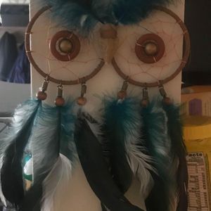 Brand new Owl dream catcher teal white and brown with feathers and beads